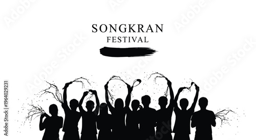 Dynamic vector graphic illustration of people celebrating Songkran festival with joyful water splashes and traditional elements.