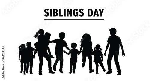 Black silhouette vector illustration graphic of children celebrating Siblings Day, showcasing family love and joyful togetherness.