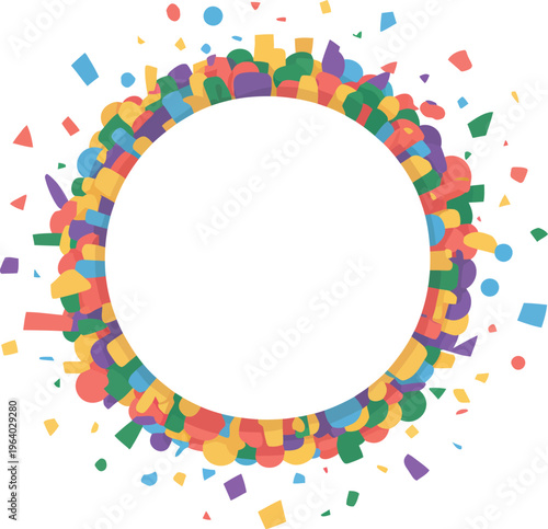 A colorful confetti explosion surrounds a circular empty space in celebration.