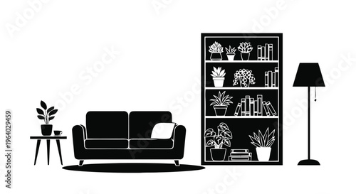 Vector illustration of living room interior with sofa, bookshelf, plants and floor lamp