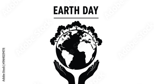 This powerful vector graphic illustration depicts hands gently cradling our planet, adorned with lush trees, for Earth Day.