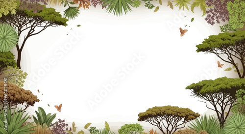 African Savannah Landscape Frame with Acacia Trees, Butterflies, and Lush Vegetation