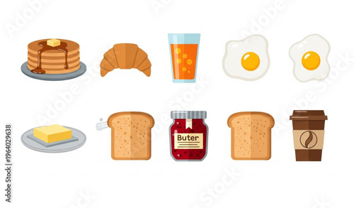 Breakfast foods vector bundle with pancakes croissant juice eggs toast and coffee