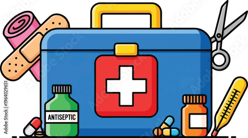 A colorful first aid kit showcasing essential medical supplies for quick and effective emergency care at home or outdoors Vector