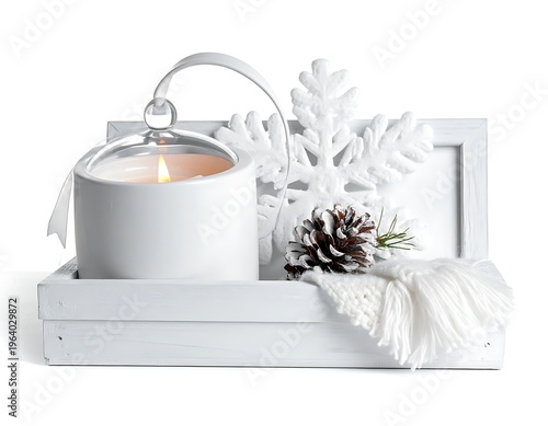 White candle in holder with snowflake, pinecone, and scarf on a white background, serene and wintery decor