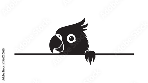 Black silhouette of a parrot head with large beak curiously looking over a horizontal bar graphic element.