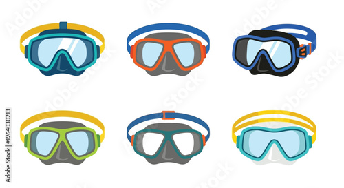 Colorful collection of diving masks and swim goggles in a flat design