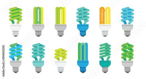 Assorted compact fluorescent lamps in vibrant colors on a white background