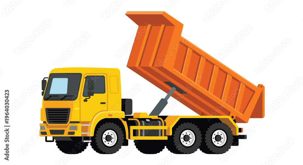 Naklejka premium Illustration of a bright yellow and orange dump truck with raised bed
