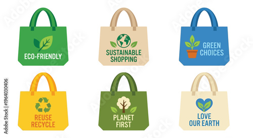 Colorful eco friendly shopping bags with sustainability themed designs and slogans