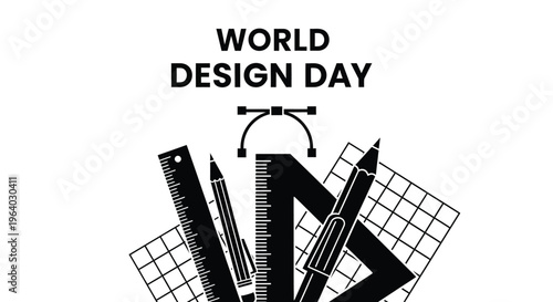 Black and white vector graphic illustration celebrating world design day with drafting tools and a curve anchor point