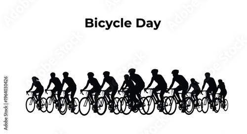 Vector graphic illustration celebrating bicycle day with a large group of cyclists riding together