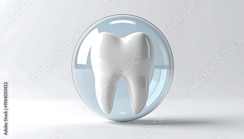 White molar enclosed in a clear sphere, softly lit against a pale backdrop, creating a clean and minimalist aesthetic