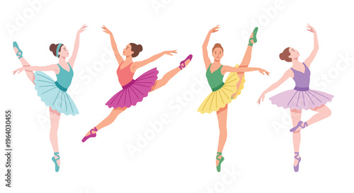 Four ballerinas in dynamic poses each wearing a different colored tutu