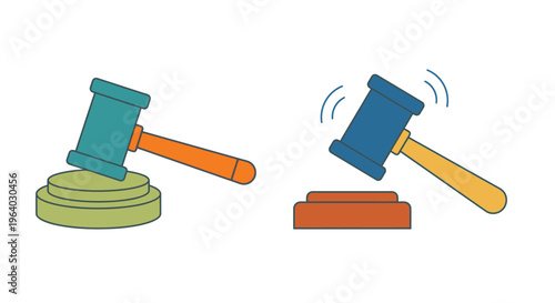 Two colorful gavels one stationary and one in mid strike motion