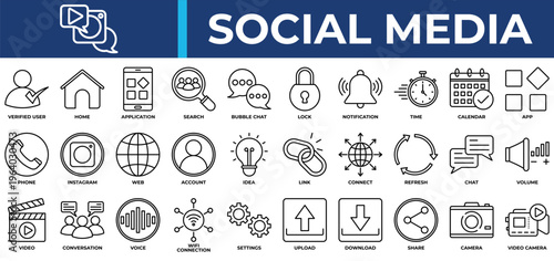 Social Media icon set collection. Containing residence, link, program, share, info, search, voice .Line vector icons collection