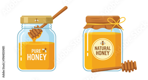 Two jars of honey with different packaging and a dipper stick
