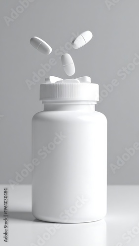 White pill bottle with falling pills against a light gray background
