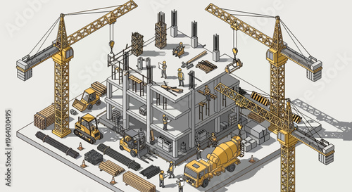 Construction site with cranes and building.