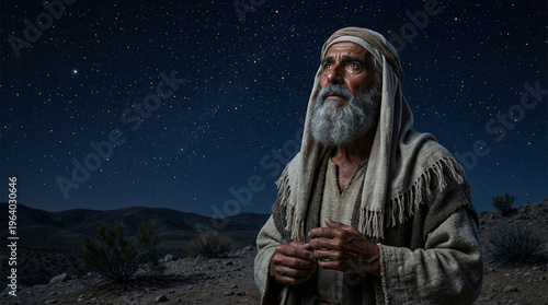  Abraham gazing at starry night sky on hillside in wonder