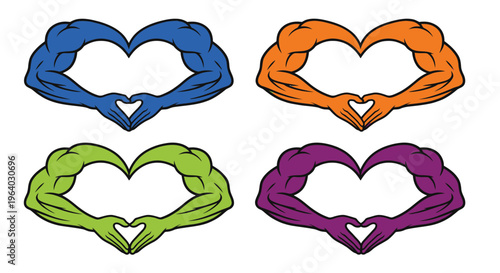 Four muscular arms forming heart shapes in vibrant colors