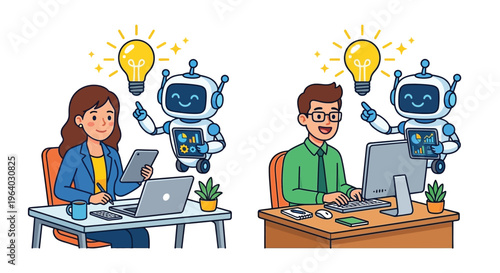 Humans and robots collaborating with technology and bright ideas