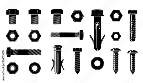Collection of Metal Fastener Icons with Bolts, Nuts, Screws, Washers, and Industrial Hardware in Minimal Black Style for Construction, Engineering, and Mechanical Design