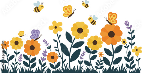 Colorful illustration of bees flying around blooming flowers in a sunny garden