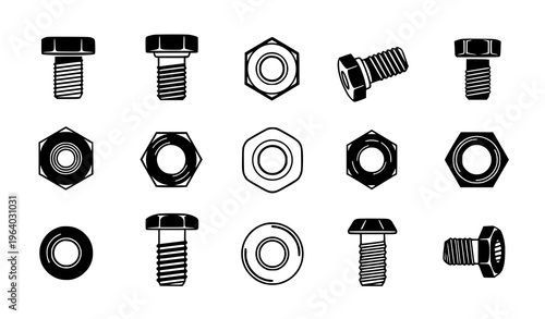 Set of Bolt and Nut Icons with Screws, Washers, and Metal Fasteners in Minimal Black Style for Construction, Engineering, and Industrial Design Projects