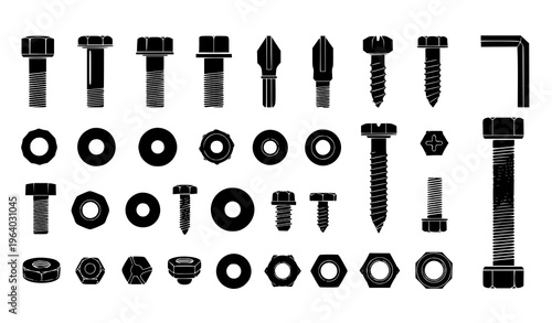Set of Hardware and Fastener Icons with Bolts, Nuts, Screws, Washers, and Tools in Minimal Black Style for Construction, Engineering, and Industrial Design