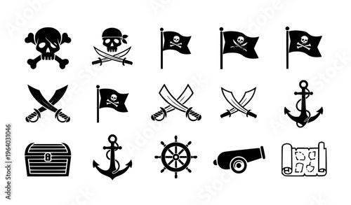 Collection of Pirate and Nautical Icons with Skull Flags, Swords, Treasure Chest, Anchor, Ship Wheel, and Cannons in Minimal Black Style for Marine Adventure Design