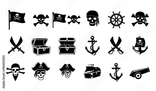 Set of Pirate and Nautical Icons with Skull Flags, Swords, Treasure Chests, Anchors, and Ship Wheel in Minimal Black Style for Marine Adventure Design