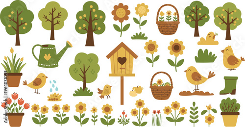 Spring garden elements with trees flowers birds and gardening tools