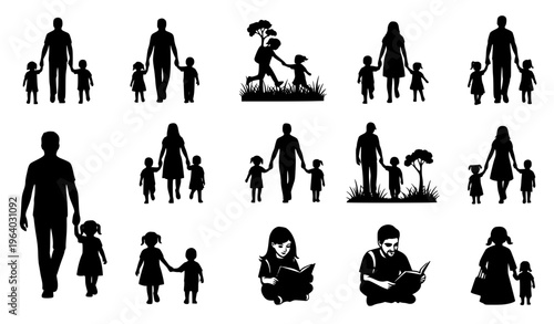 Set of Family Silhouette Icons with Parents and Children Walking, Playing, Reading, and Outdoor Activities in Minimal Black Style for Lifestyle and Social Design