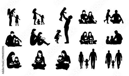 Collection of Family and Parenting Silhouette Icons with Mothers, Fathers, Children, Reading, Playing, and Bonding Activities in Minimal Black Style for Lifestyle Design