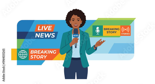 Female news reporter presenting live breaking news with a microphone