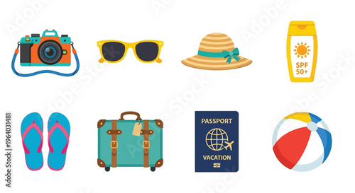 Colorful travel icons depicting vacation essentials like cameras hats and sunscreen