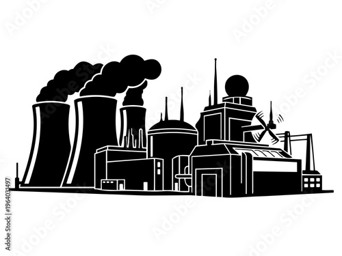 Industrial Power Plant Silhouette, Thermal Energy Station Icon, Vector Coal and Gas Factory Illustration