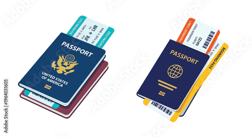 Travel documents including passports and boarding passes are neatly stacked