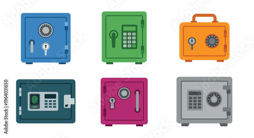 Colorful illustration of six different types of secure safes