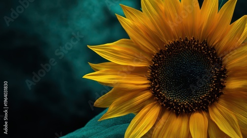 Macro photography, vivid and saturated vibrant yellow sunflower in full bloom against a deep, contrasting green background. Natural concept,