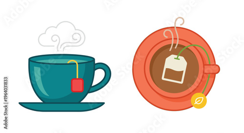 A steaming cup of tea with a tea bag and saucer illustration