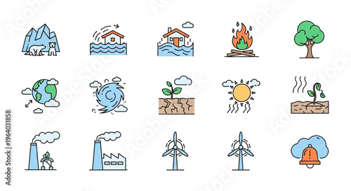 Climate Change Icons - A Visual Representation of Environmental Challenges and Solutions.