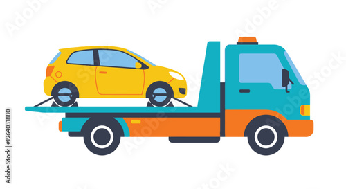 A yellow car is transported on a blue and orange tow truck