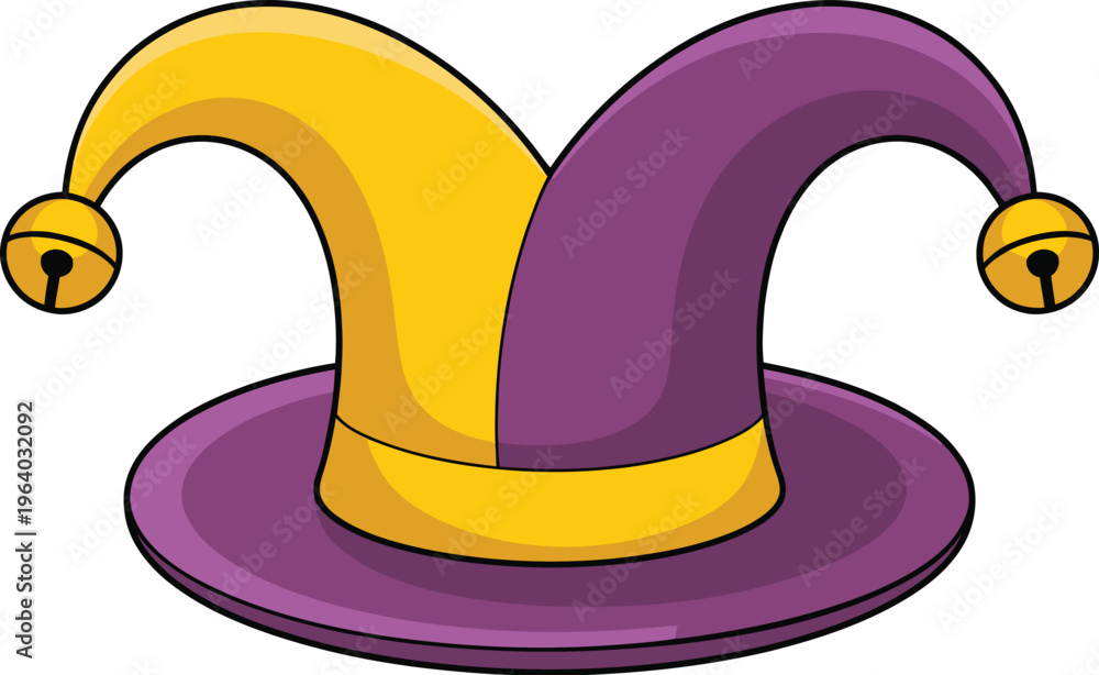 Fototapeta premium Vibrant jester's hat with purple and gold colors on display indoors