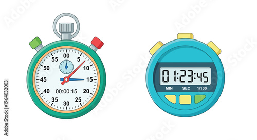 Two colorful stopwatches one analog and one digital displayed side by side