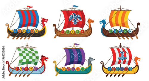 A colorful illustration of six viking longships with ornate designs