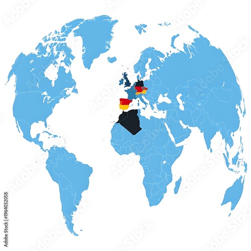 World map with highlighted countries (Germany, Spain) and a dark-colored country in Africa
