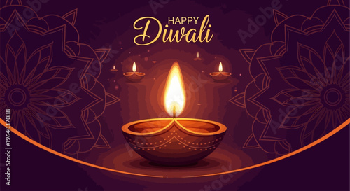 Diwali Festival Lit Diya Lamp Closeup.