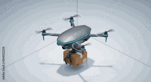 Drone with camera and propellers flying.